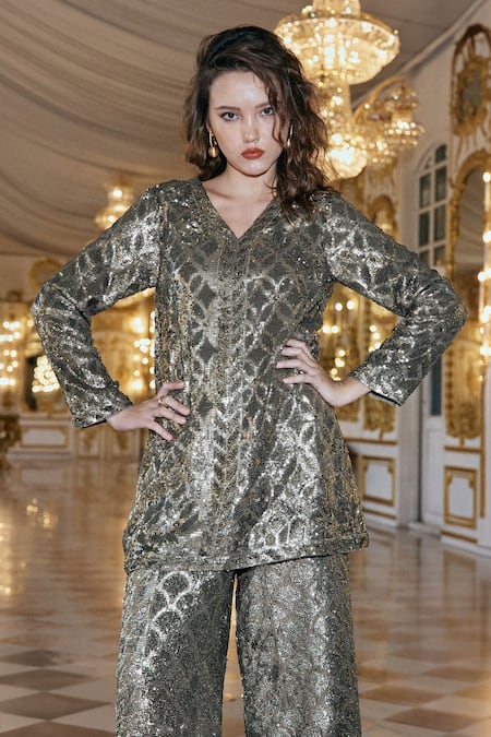 Shop_Dash And Dot_Grey Polyester Sequins V-neck Embroidered Top _Online_at_Aza_Fashions