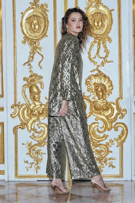 Dash And Dot_Grey Polyester Sequins Pewter Embroidered Pant _Online_at_Aza_Fashions