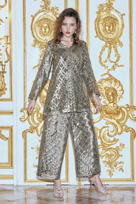 Buy_Dash And Dot_Grey Polyester Sequins Pewter Embroidered Pant _Online_at_Aza_Fashions