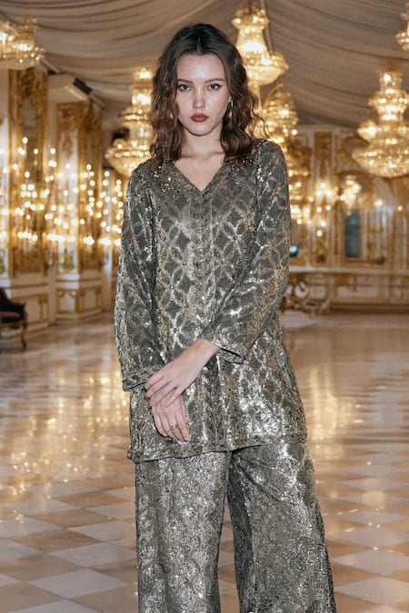 Dash And Dot_Grey Polyester Sequins V-neck Pewter Embroidered Top With Pant _Online_at_Aza_Fashions