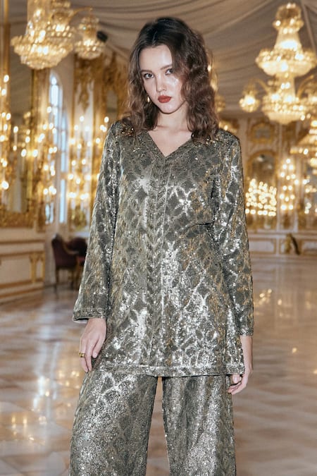 Buy_Dash And Dot_Grey Polyester Sequins V-neck Pewter Embroidered Top With Pant _Online_at_Aza_Fashions