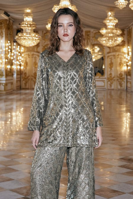 Shop_Dash And Dot_Grey Polyester Sequins V-neck Pewter Embroidered Top With Pant _Online_at_Aza_Fashions