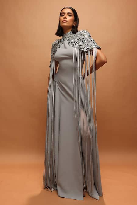 Pankaj & Nidhi_Blue Crepe High Neck Araquis Moonlit Ash Cape With Dress _Online_at_Aza_Fashions