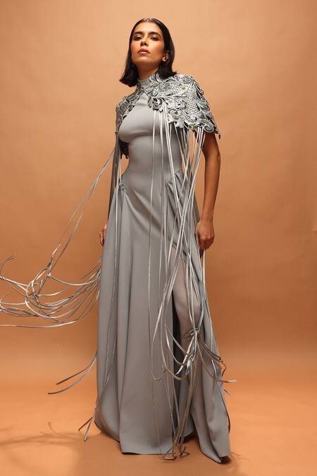 Buy_Pankaj & Nidhi_Blue Crepe High Neck Araquis Moonlit Ash Cape With Dress _Online_at_Aza_Fashions