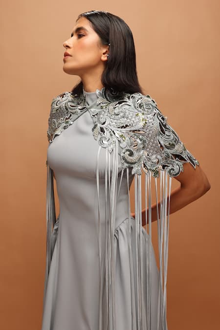 Shop_Pankaj & Nidhi_Blue Crepe High Neck Araquis Moonlit Ash Cape With Dress _Online_at_Aza_Fashions