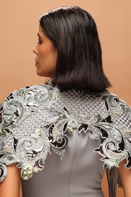 Pankaj & Nidhi_Blue Crepe High Neck Araquis Moonlit Ash Cape With Dress _at_Aza_Fashions