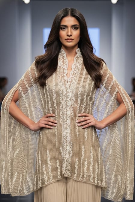 Nikita Mhaisalkar_Off White Georgette Embroidery V-neck, Collared Hand Kaftan And Sharara Set _Online_at_Aza_Fashions