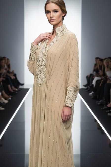 Nikita Mhaisalkar_Off White Georgette Embroidery, Beads, Sequins Collared, V-neck Baroque Kaftan _Online_at_Aza_Fashions