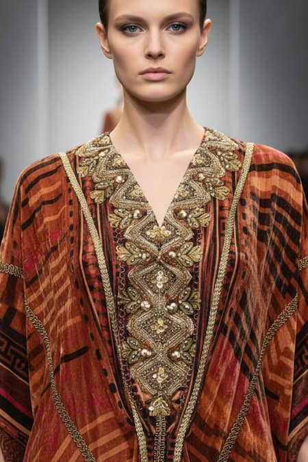 Nikita Mhaisalkar_Orange Velvet Embroidery, Sequins, Metallic Thread Byzantine Print And Kaftan _Online_at_Aza_Fashions