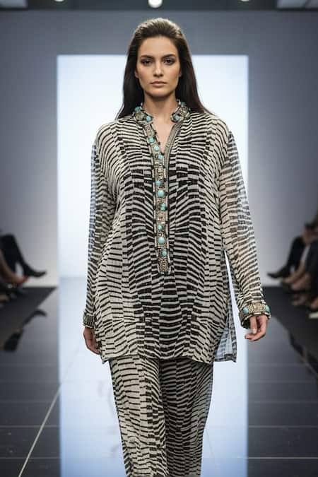 Shop Nikita Mhaisalkar Black Georgette Embroidery Byzantine Print Short Kurta And Pant Co-ord Set Online at Aza Fashions Shop_Nikita Mhaisalkar_Black Georgette Embroidery Byzantine Print Short Kurta And Pant Co-ord Set _Online_at_Aza_Fashions