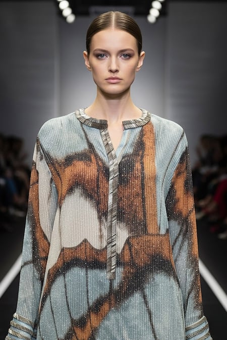 Nikita Mhaisalkar Blue Georgette Embroidery, Sequins Butterfly Print Short Kurta And Pant Co-ord Set Online at Aza Fashions Nikita Mhaisalkar_Blue Georgette Embroidery, Sequins Butterfly Print Short Kurta And Pant Co-ord Set _Online_at_Aza_Fashions