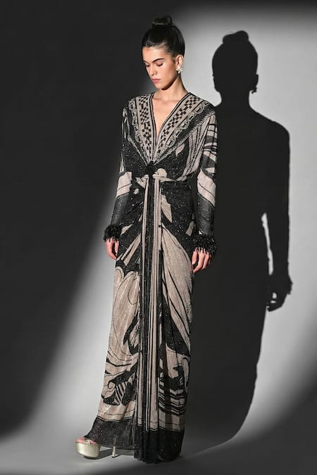 Shop Nikita Mhaisalkar Black Georgette Beads V-neck Swirl Print Draped Dress at Aza Fashions Shop_Nikita Mhaisalkar_Black Georgette Beads V-neck Swirl Print Draped Dress _at_Aza_Fashions