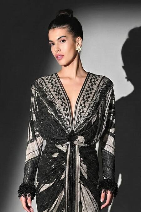 Nikita Mhaisalkar Black Georgette Beads V-neck Swirl Print Draped Dress Online at Aza Fashions Nikita Mhaisalkar_Black Georgette Beads V-neck Swirl Print Draped Dress _Online_at_Aza_Fashions