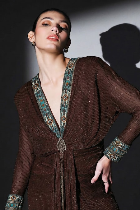 Shop Nikita Mhaisalkar Brown Georgette Sequins, Embroidery V-neck Turkish Thread Draped Dress at Aza Fashions Shop_Nikita Mhaisalkar_Brown Georgette Sequins, Embroidery V-neck Turkish Thread Draped Dress _at_Aza_Fashions