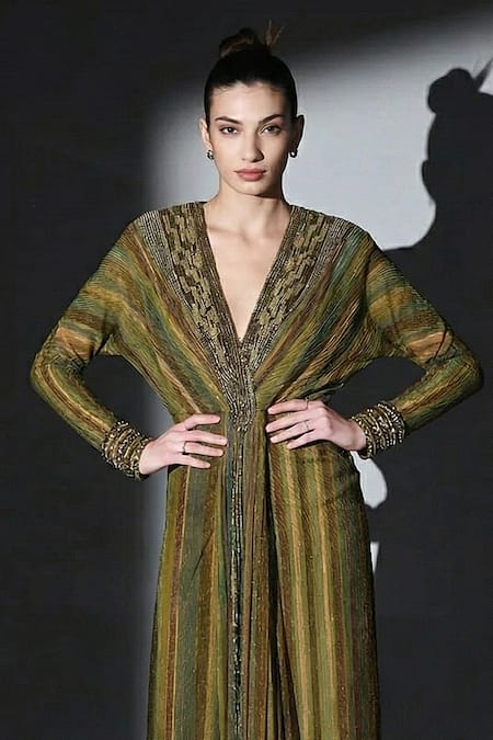 Nikita Mhaisalkar_Green Georgette Beads, Sequins, Embroidery V-neck Striped Draped Dress _Online_at_Aza_Fashions