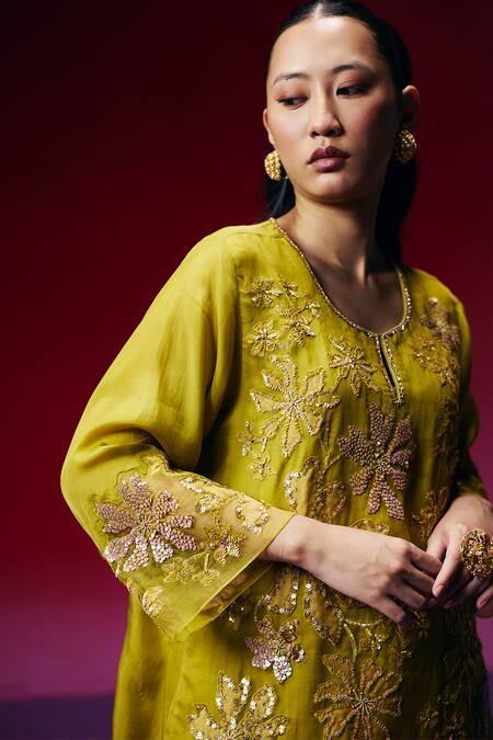 One Not Two_Green Silk, Organza Applique, Sequins, Beads, Floral Kurta And Sharara Set _Online_at_Aza_Fashions