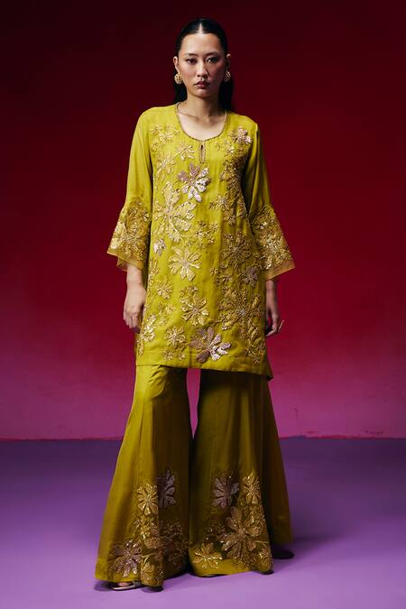 Shop_One Not Two_Green Silk, Organza Applique, Sequins, Beads, Floral Kurta And Sharara Set _Online_at_Aza_Fashions