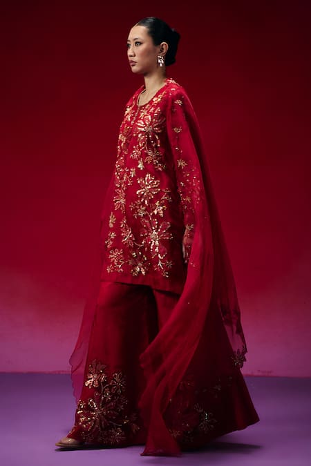 One Not Two_Red Silk, Organza Applique, Sequins, Beads, Floral Work Kurta And Sharara Set _Online_at_Aza_Fashions