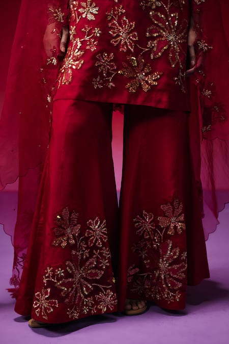 Buy_One Not Two_Red Silk, Organza Applique, Sequins, Beads, Floral Work Kurta And Sharara Set _Online_at_Aza_Fashions