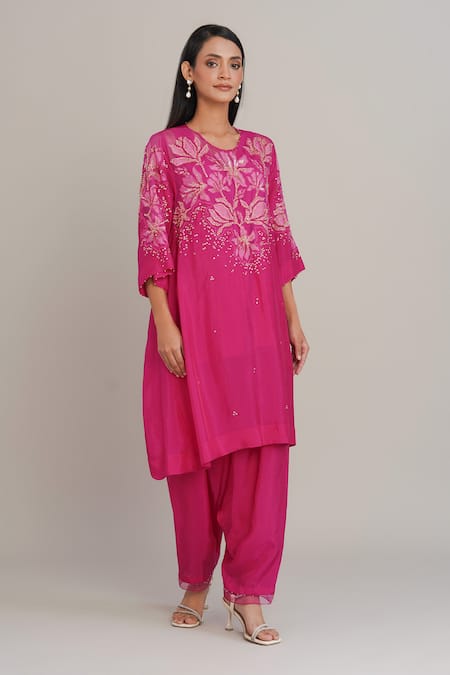 Buy_One Not Two_Pink Silk, Organza, Satin Applique, Sequins, Beads, Floral Kurta And Salwar Set _Online_at_Aza_Fashions