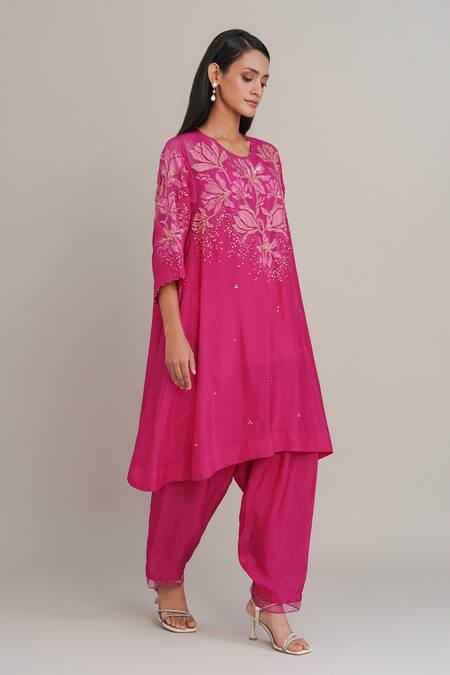 Shop_One Not Two_Pink Silk, Organza, Satin Applique, Sequins, Beads, Floral Kurta And Salwar Set _Online_at_Aza_Fashions