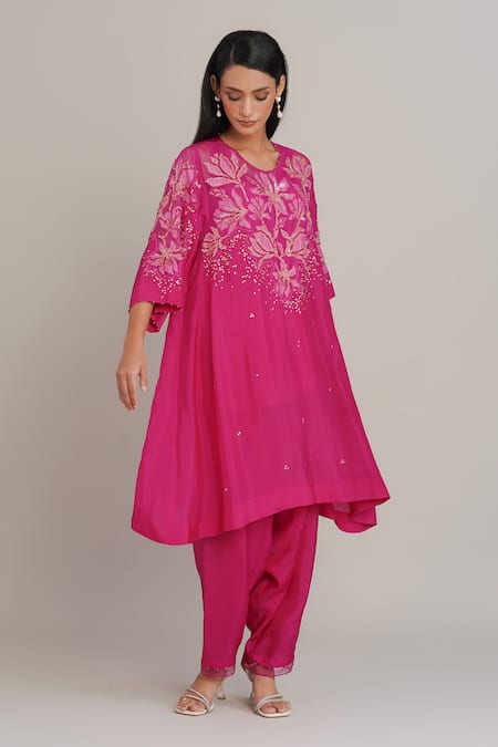 One Not Two_Pink Silk, Organza, Satin Applique, Sequins, Beads, Floral Kurta And Salwar Set _at_Aza_Fashions