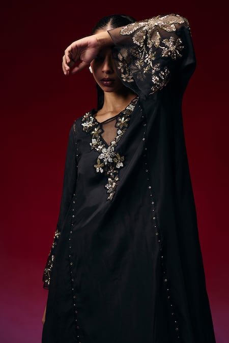 One Not Two_Black Silk, Satin Applique, Sequins, Beads, Floral Work Kurta And Pant Set _Online_at_Aza_Fashions