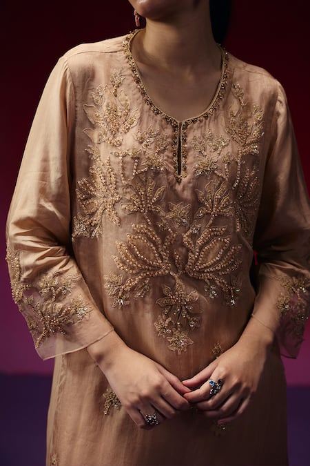 One Not Two_Gold Silk Applique, Sequins, Beads, Crystals, Floral Kurta And Pant Set _Online_at_Aza_Fashions