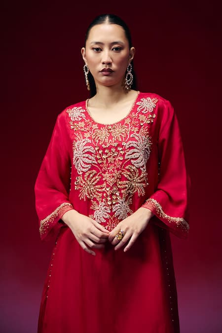Buy_One Not Two_Red Silk Embroidery, Sequins, Beads, Crystals Round Hand Kurta And Salwar Set _Online_at_Aza_Fashions
