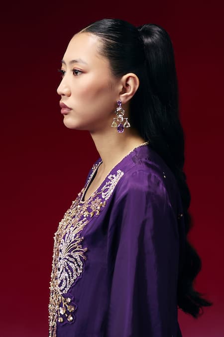 One Not Two_Purple Silk Sequins, Beads, Crystals, Embroidery Hand Yoke Kurta And Salwar Set _Online_at_Aza_Fashions