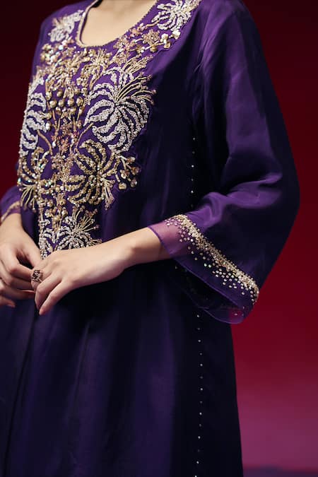 Buy_One Not Two_Purple Silk Sequins, Beads, Crystals, Embroidery Hand Yoke Kurta And Salwar Set _Online_at_Aza_Fashions