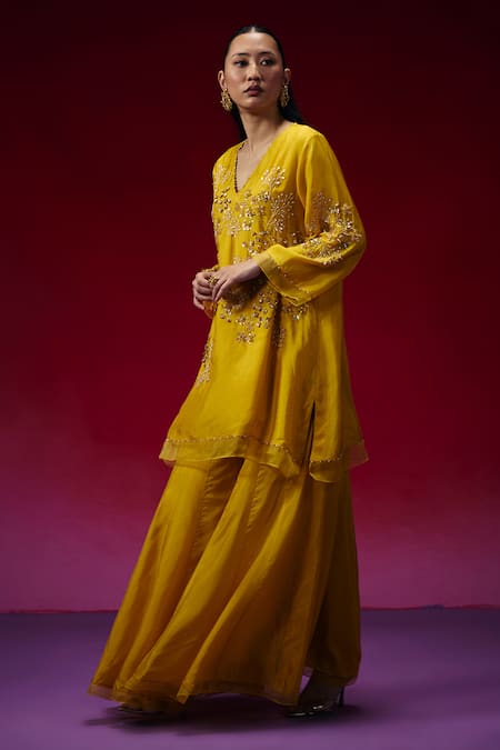 One Not Two_Yellow Silk Embroidery, Beads, Sequins, Floral Hand Kurta And Sharara Set _Online_at_Aza_Fashions