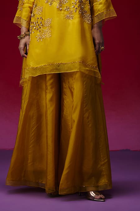 Buy_One Not Two_Yellow Silk Embroidery, Beads, Sequins, Floral Hand Kurta And Sharara Set _Online_at_Aza_Fashions