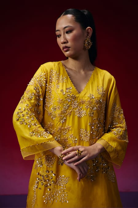 Shop_One Not Two_Yellow Silk Embroidery, Beads, Sequins, Floral Hand Kurta And Sharara Set _Online_at_Aza_Fashions
