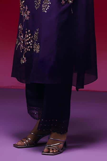 One Not Two_Purple Organza, Viscose, Silk Sequins, Beads, Floral Cluster Kurta And Pant Set _Online_at_Aza_Fashions