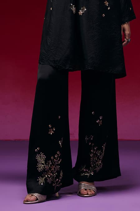 One Not Two_Black Silk, Satin Sequins, Beads, Crystals, Floral Bunch Kurta And Pant Set _Online_at_Aza_Fashions