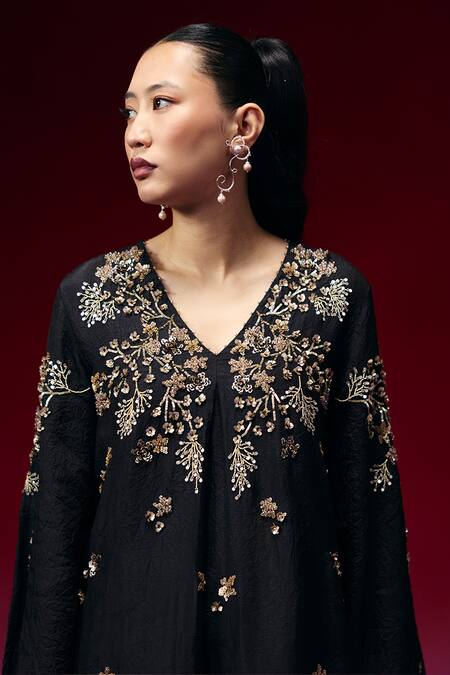 Buy_One Not Two_Black Silk, Satin Sequins, Beads, Crystals, Floral Bunch Kurta And Pant Set _Online_at_Aza_Fashions