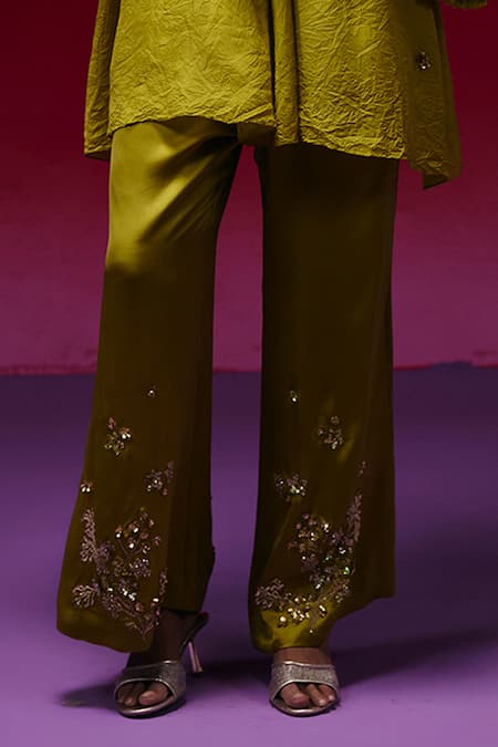 One Not Two_Green Silk, Satin Embroidery, Sequins, Beads, Floral Clusters Kurta And Pant Set _Online_at_Aza_Fashions