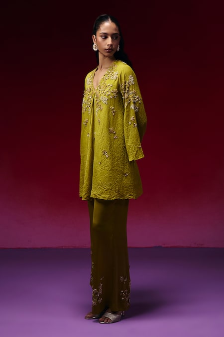 Buy_One Not Two_Green Silk, Satin Embroidery, Sequins, Beads, Floral Clusters Kurta And Pant Set _Online_at_Aza_Fashions
