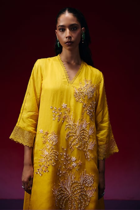 One Not Two_Yellow Silk Sequins, Beads, Crystals, Embroidery V-neck Floral Kurta And Pant Set _Online_at_Aza_Fashions
