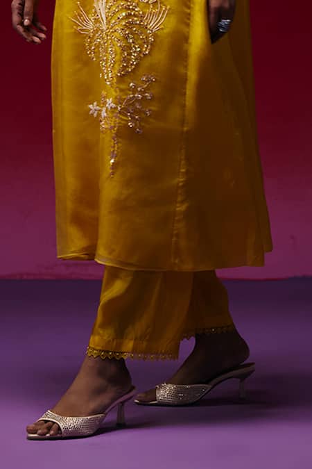 Buy_One Not Two_Yellow Silk Sequins, Beads, Crystals, Embroidery V-neck Floral Kurta And Pant Set _Online_at_Aza_Fashions