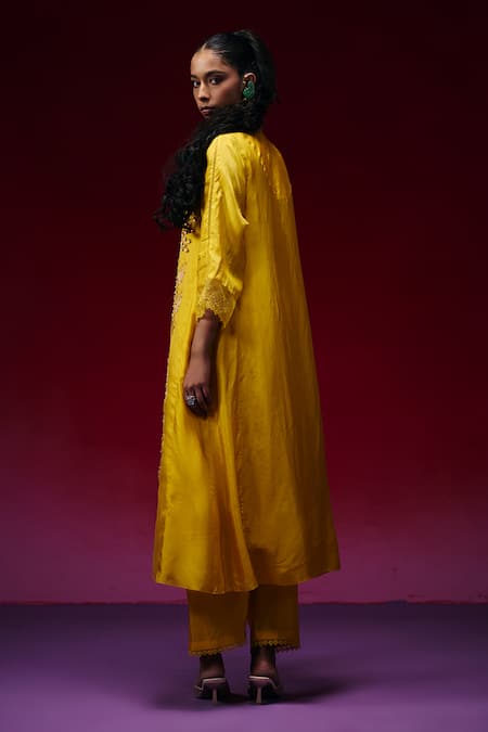 Shop_One Not Two_Yellow Silk Sequins, Beads, Crystals, Embroidery V-neck Floral Kurta And Pant Set _Online_at_Aza_Fashions