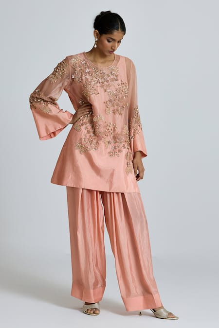 One Not Two_Pink Organza, Embroidery, Sequins, Floral Cluster Kurta And Salwar Set _Online_at_Aza_Fashions