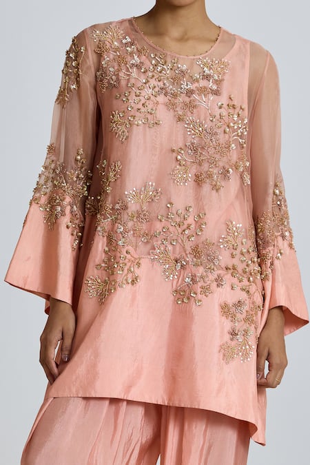 Shop_One Not Two_Pink Organza, Embroidery, Sequins, Floral Cluster Kurta And Salwar Set _Online_at_Aza_Fashions