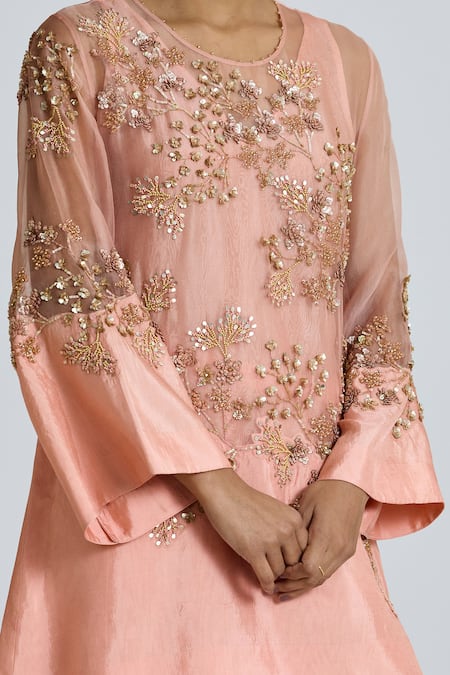 One Not Two_Pink Organza, Embroidery, Sequins, Floral Cluster Kurta And Salwar Set _at_Aza_Fashions