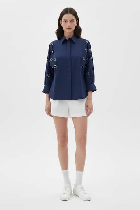 Studio Moda India_Blue Cotton Collared Grommet Embellished Shirt _Online_at_Aza_Fashions
