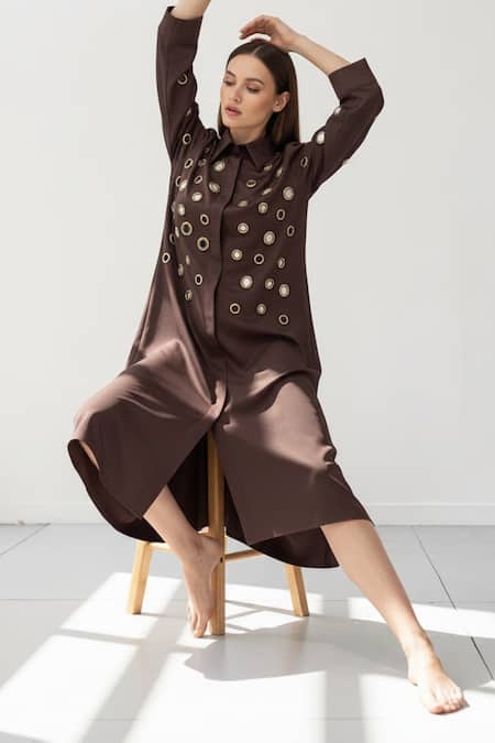 Studio Moda India_Brown Cotton Collared Eyelet Embellished Midi Dress _Online_at_Aza_Fashions