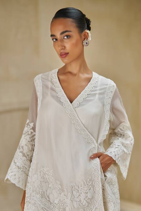 Shop_Pankaj & Nidhi_Ivory Tulle, Organza Embroidery, Sequins V-neck Aetermis In Blooming Kurta Set _Online_at_Aza_Fashions