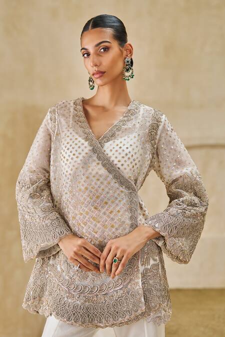 Buy_Pankaj & Nidhi_Ivory Tulle, Silk Organza Echoes Of Grace Embellished Tunic Sharara Set _Online_at_Aza_Fashions