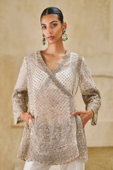 Shop_Pankaj & Nidhi_Ivory Tulle, Silk Organza Echoes Of Grace Embellished Tunic Sharara Set _Online_at_Aza_Fashions